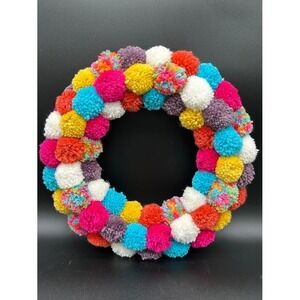 Colorful Pom Pom Wreath Spring Summer‎ Door Decor Handmade 16 inch